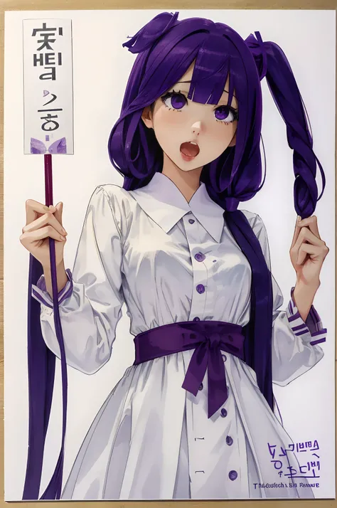 Holding a placard、Background white、Photorealsitic, hight resolution, 1 rapariga, Korea person, Heterochromia eyes, a purple eye、Blunt bangs、red hairs、1girl in, masutepiece,  Best Quality,  High quality, Twin-tailed、Ahegao