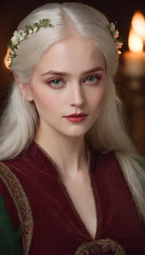 (((a deep reddish wound crosses her left cheek))) fair complexion, woman around 19 years old, natural white hair, distinctive green eyes, wearing kohl, slender and graceful, beautiful, candlelight in a medieval setting, ultra sharp focus, realistic shot, m...