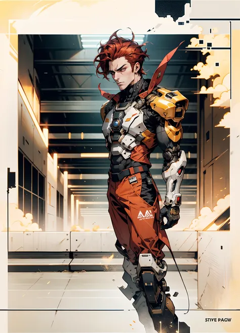 A man with short red-gold hair, hair slicked back, thick and disheveled hair, a cold and ruthless gaze, a confident expression, wears a two-piece futuristic military-style uniform, primarily in shades of white and red, accented by touches of yellow, stream...