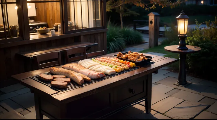 autumn night、by lake、(Best Quality,hight resolution:1.2),outdoor setting,Wooden cutting board with meat and vegetables,grill,Chicken on the grill,Himalayan Rock Salt Lamp,Soft warm light,lantern lighting,、warm glow,BBQ,​masterpiece、Very realistic, Photogra...