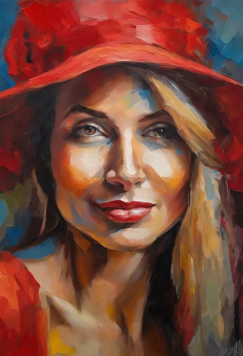 Female portrait, very beautiful woman, nude, long blond hair, smiling eyes, looking right at the point of view, red hat, acrylic painting, bold and expressive brushwork, impressionistic style, fine detailed face, epic background, expert lighting and shadow...