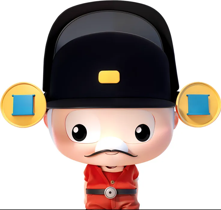 3 d model，Stereoscopic effect，3Drenderingof，Cartoon image with a mustache，1 boy，Solo，Cartoon dolls，Black hat，The hat has two coins on each side，Red clothes，There is a belt，little beard，The face is pale，simple backgound，bucket-hat，malefocus，黑The eye，8K，ultr...