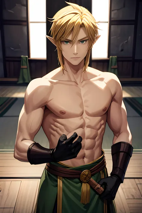 blond, tall, green-eyed guy, viking style, russian hero style, strong, anime style, anime , link, ( short gloves), standing, (to...