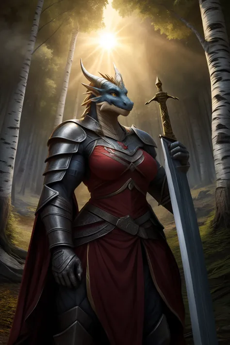 ((anthro dragon, the woman, strong warrior, large muscular body, a big sword in your hands, armor dress) (background  russian fo...