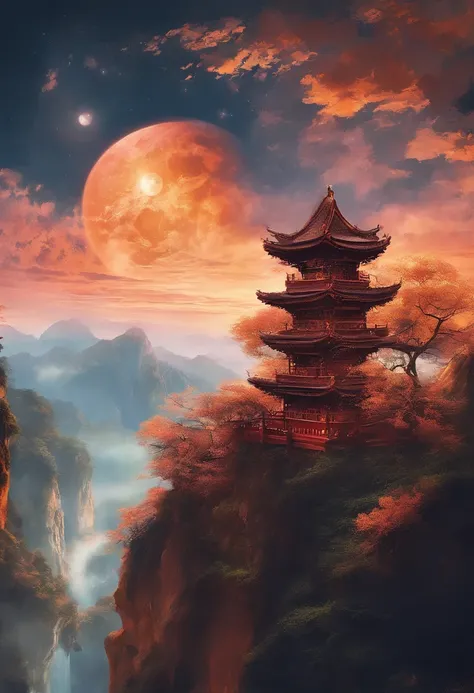 （Tang dynasty style），（A cliff illuminated by a huge moon），A poet standing on the edge of a cliff，Ultra-long-range viewing angle