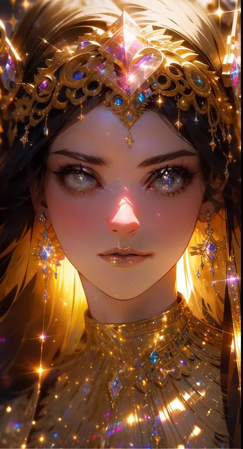 (masterpiece, best quality:1.2), 8k, insane details, intricate details, hyperdetailed, hyper quality, high detail, ultra detailed, professional, HDR, realistic, ray tracing reflection,
1girl, goddess, cinematic lighting, ornate, (glitter, sparkly golden:1....