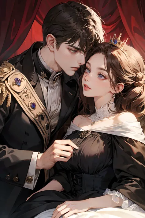 1 male 1 female, different hair color, extremely detailed face, Long black bang hair with twist and purple eyes, short dark brown hair and dark grey eyes, face to face, 25 years old, Victorian era, ((Big tits sexy dress evil queen with a cape)), ((male wea...