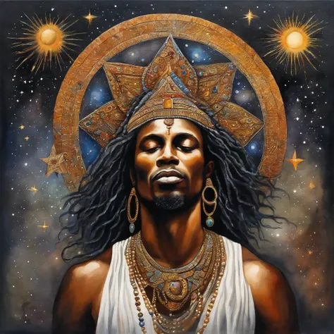 Artistic painting of man with drad in hair, bead necklace around the neck, both arms raised, sitting in a meditation pose, fundo preto, com planetas e estrelas