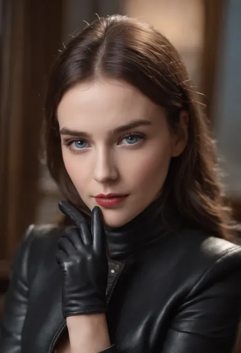 Wear black leather gloves up to the fingertips in both hands and cover the torso, schwarze Leder-Doppelreiterjacke, schlanke Halskette, a young and cute Polish girl with beautiful brown hair, At night, you sit on a black leather chair at the desk in the pr...