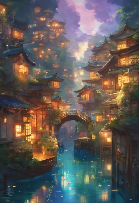 Color (fantasy: 1.2), (in style of hayao miyazaki), (Irregular buildings floating in the sea), patchwork cottages, floral decorations, lamp lights, concept art inspired by Andreas Rocha, Artstation contest winner, Fantasy art, (an underwater city), ross tr...