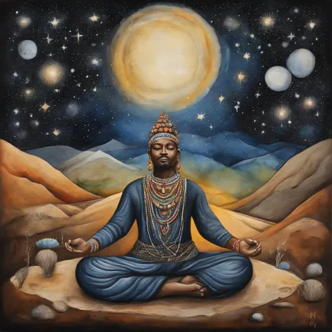 Artistic painting of man with drad in hair, bead necklace around the neck, both arms raised, sitting in a meditation pose, fundo preto, com planetas e estrelas with face mask