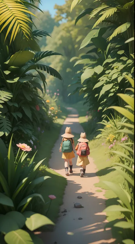 There is a poster with a cartoon character in a hat and backpack, female explorer mini cute girl, walking in the wilderness, flower jungle, animation style rendering, cute 3 D rendering, small characters. Unreal Engine 5, stylized anime, cute detailed digi...