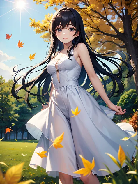 Adorable Beautiful Girl、Light blue long hair、Twin-tailed、A charming smile、A delightful!　White and yellow dresses、Flower Fairy、the wind、suns、Background of autumn leaves、Falling leaves flutter(Some photos)