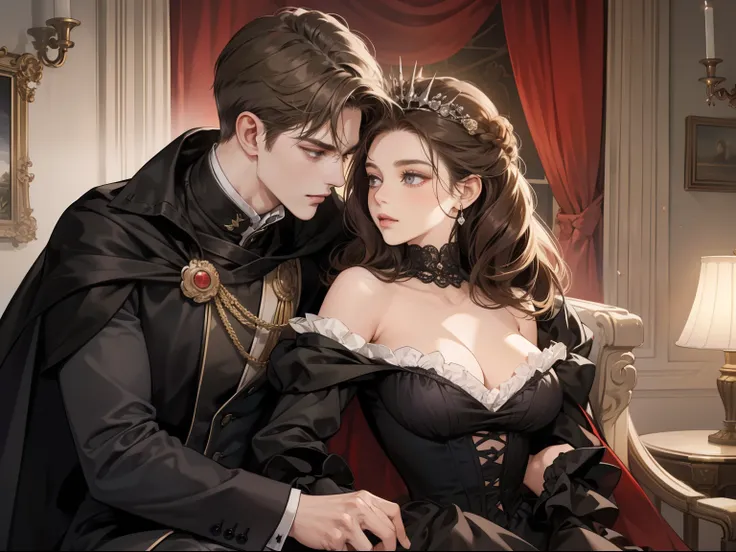 1 male 1 female, different hair color, extremely detailed face, Long black bang hair with twist and purple eyes, short dark brown hair and dark grey eyes, face to face, 25 years old, Victorian era, ((Big tits sexy dress evil queen with a cape)), ((male wea...