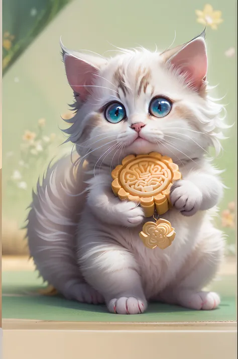 Best quality, official art, extremely detailed CG unified 8k wallpaper, kitten holding mooncake, super cute, plate, moon, Miki Asai macro photography, close-up, super detailed, trending artstation, sharp focus, studio photo, intricate details, very detaile...