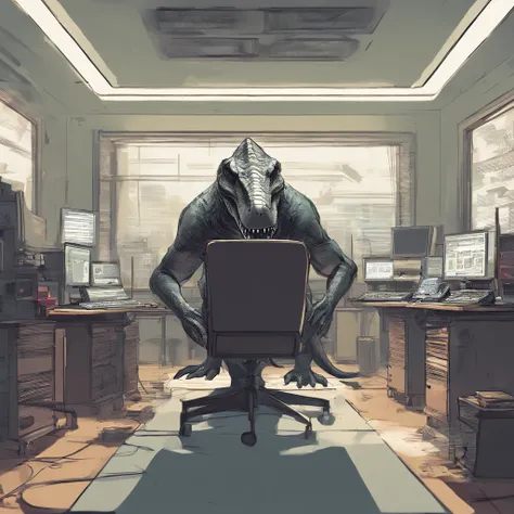 The room has a large chair and desk. On the desk are PC-related equipment such as keyboards and monitors. There, a Tyrannosaurus sits on the chair and is programming. He is approached from behind the desk and turns his head toward us.