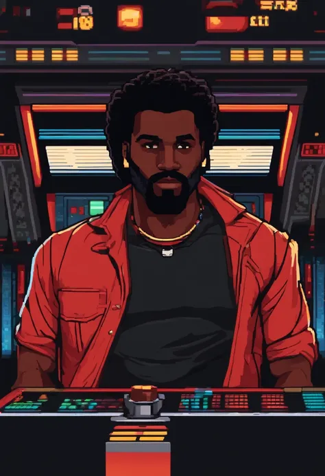 Pixel art 32 bit 80s or 90s aesthetics. Rpg. Personagem negro e sem cabelo com barba. Vestindo camisa vermelha e preta. Bermuda preta. retro arcade