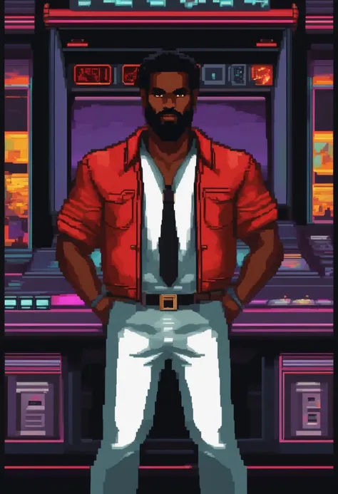 Pixel art 32 bit 80s or 90s aesthetics. Rpg. Personagem negro e sem cabelo com barba. Vestindo camisa vermelha e preta. Bermuda preta. retro arcade