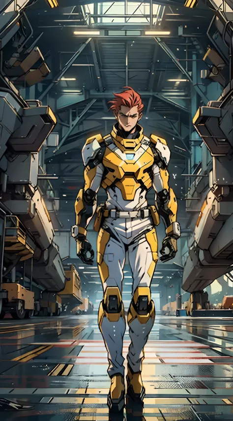 A man with short red-gold hair, hair slicked back, thick and disheveled hair, a cold and ruthless gaze, a confident expression, wears a two-piece futuristic military-style uniform, primarily in shades of white and red, accented by touches of yellow, stream...