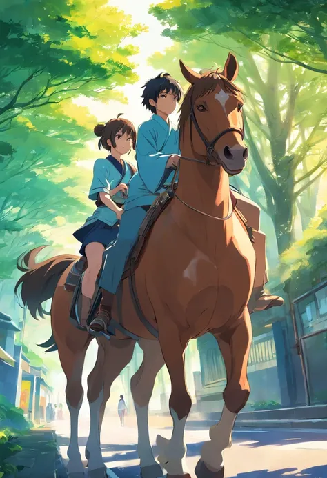 Two people carpooling on the back of a horse,Anime style,japanese samurai