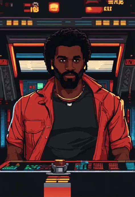 Pixel art 32 bit 80s or 90s aesthetics. Rpg. Personagem negro e sem cabelo com barba. Vestindo camisa vermelha e preta. Bermuda preta. retro arcade