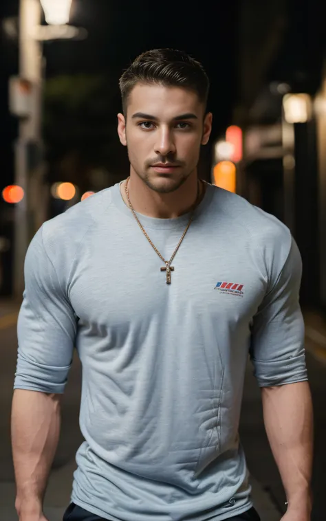 (best quality, masterpiece:1.2, super high resolution, ultra-detailed, realistic:1.37), photorealistic, single, 1 boy, street, muscular, volumetric lighting, depth of field, facial hair, fitness trainer