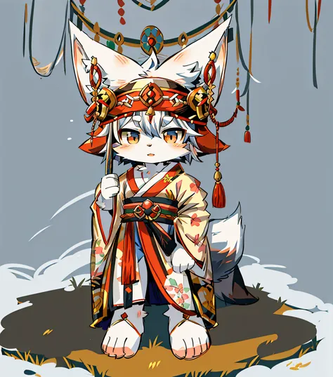 Anime - Style drawing of a cat in a kimono, fox nobushi, fursona wearing stylish clothes, fox from league of legends chibi, anime style character, White-haired fox, white fox anime, In anime style, komono, in an anime style, Kitsune, inspired by Kanbun Mas...