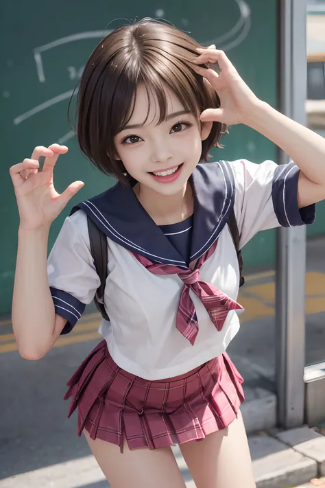 Pubic hair grows、Smile full of happiness、((Looks happy:1.3))、Pink Panties、、Panting face、Lacking、After being attacked、school girl outfit(Plaid miniskirt)、a sailor suit、Sweating、Expression in a state of excitement、short-hair、eye glass、