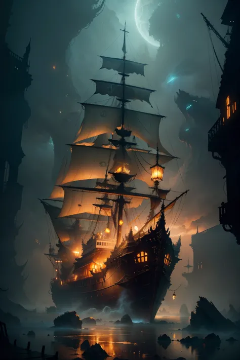 Ghost Ship, Fantasy Art, intricate, Beautiful, glowing, Golden Hour, outer space, ultra-detail, Detailed modeling, Broken hull, Fantastic, mysterious, Scary, The sails decayed., foggy, Flashing light, Realistic, detailed illustration, high-res, Haunted Shi...