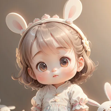 (Extremely cute and delicate CG illustration, Ultra-detailed and ultra-high-quality),A cute baby girl，Chinese baby girl，Giant rabbit as background，1girll