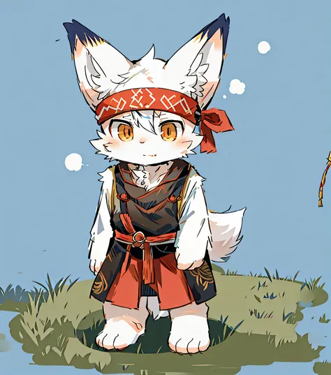 Anime - Style drawing of a cat in a samurai costume, fox nobushi, fursona wearing stylish clothes, fox from league of legends chibi, anime style character, White-haired fox, white fox anime, In anime style, in an anime style, komono, Kitsune, inspired by K...