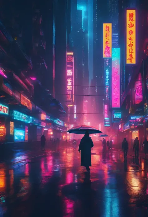 (Best quality,4K,8K,A high resolution,Masterpiece:1.2),Ultra-detailed,Realistic:1.37,Cyberpunk,Dark,Night,rain,futuristic city street,Dimly lit,glowing neon lights,Sparkling reflections on the ground，The image is black overall