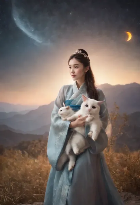 （A girl named Change：1.25），Wear traditional Chinese clothing，Detailed and beautiful face，Chinese Mid-Autumn Festival，standing on the moon，Behind him is a white Chinese palace，Holding a cute rabbit，Look at the earth，Hope to go home，Starry sky and earth as b...