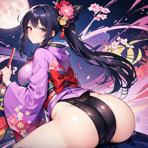 Kimono woman, big butt, facing backwards, legs open to show sexy underwear, expression of shame.