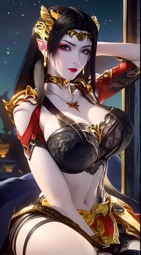 1 beautiful and sexy 20 year old girl, ((wearing a red bra with gold trim:1.8)), ((motifs and rhinestones on the bra:1.7)), ((long black hair:1.6)), jewelry elaborately made from precious stones and beautiful hair, ((wearing a 24k gold lace necklace:1.4)))...