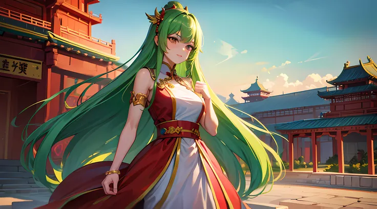 Green girl with long hair，Delicate fiery red palace costume，Stand in front of the Chinese Heavenly Palace，Look into the distance，