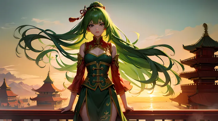 Green girl with long hair，Delicate fiery red palace costume，Stand in front of the Chinese Heavenly Palace，Look into the distance，