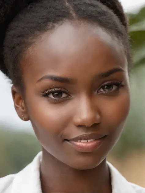 An African woman，ssmile，whitet-shirt，Blank background，((white backgrounid))