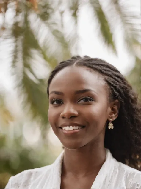 An African woman，ssmile，whitet-shirt，Blank background，((white backgrounid))