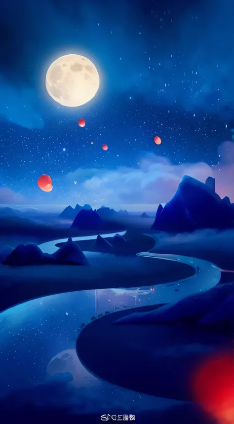 There is a picture of a cartoon scene of a full moon, game background, background artwork, Mobile game background, dreamy night, moonlit starry sky environment, a digital dreamscape, painting of a dreamscape, moonlit night dreamy atmosphere, natta, stunnin...