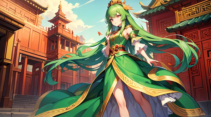 Green girl with long hair，Exquisite palace costume，Fire red dress，Stand in front of the Chinese Heavenly Palace，Look into the distance，