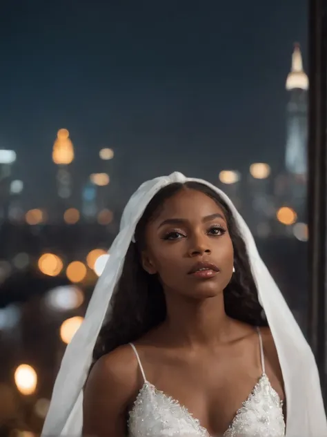 A black girl dressed in white，The background is the city at night