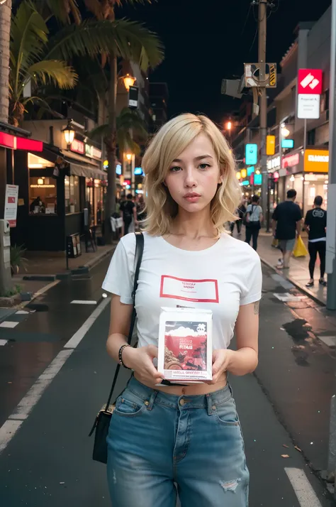 blond woman with holding a personal size packaging zipper , wearing casual futuristic (relaxed thin ((blank t-shirt no text)) minimal style) fashionable