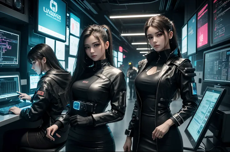 (best quality,masterpiece:1.2),highly detailed:1.3,3D,beautiful cyberpunk:1.3 hacker groups with thick voluminous hair operating a computer terminal,ladies, sexy dress for hackers