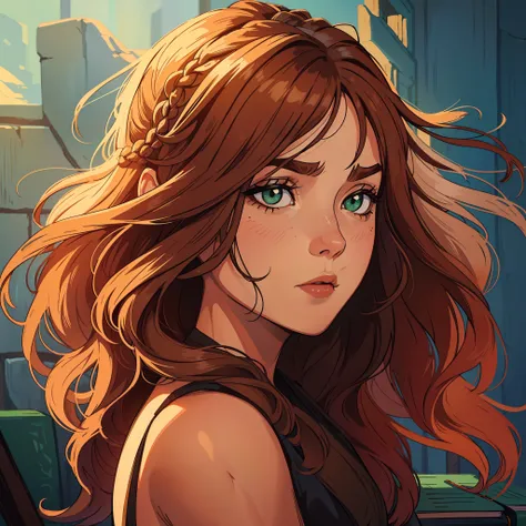 Uma bela mulher de olhos verdes e cabelos castanhos longo ondulado (brown hair) (Detailed strokes) Princess eyes Sexy curvy eyelashes A wooden wall background with bookcases Expressive drama with a sad look of concern An art for an RPG A medieval art for a...