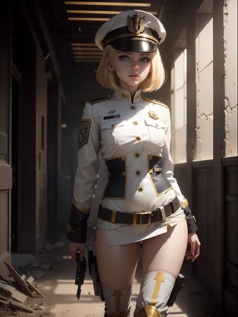 Destroyed towns,3 Ukrainian girls , Ukrainian anime girls , , Ukraine ,  Full body composition of young girl with messy bright blonde hair, eye make up, 13 year old,  Soft lighting, Solo, Old torn dirty shabby futuristic military uniform, badges, Pose, Blo...