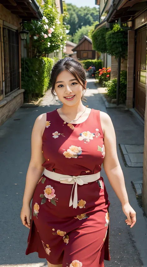 ((中景 the scene is，A half body))1 girl, Obese body, generous dimensions, 35yo，Middle-aged woman，standing on your feet，face round, Fat face，double chin, ssmile，Overweight,Short hair tied up ,Sleeveless red floral shirt printed with flowers，Skirt，Highlight th...