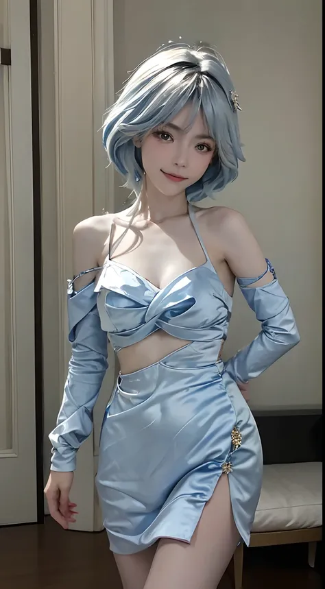 ((Best picture quality, 8K, tmasterpiece:1.3)), 1 girl like. Furina Beautiful woman with slender abs:1.3, (white blue hairstyle like a furina in genshin impact, No leakage of big breasts:1.1), V-neck dress:1.1, Silk dress，Ultra-fine face, A detailed eye, 二...