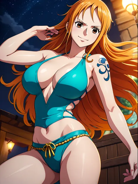 nami from one piece,very light orange and yellowish haired girl,beautiful brown eyes, blushing cheeks,in a night park smiling at...