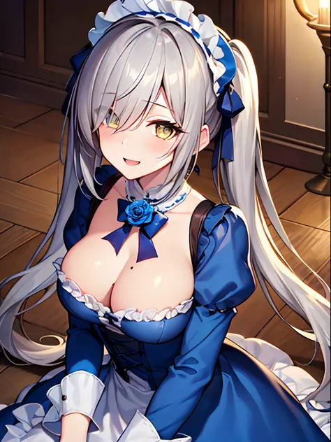 Highly detailed and realistic CG, Colorful, game cg, Best Quality, magnificent, jewel-like eyes, 1girl, solo, gray hair, long hair, twintails, hair over one eye, lolita fashion, gothic dress, frill, long sleeves, (Blue rose headdress:1.2), blue clothes, sa...